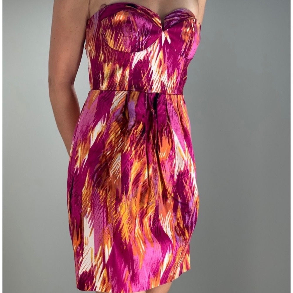 Bisou Bisou Strapless Sheath Dress Size 16 Pink Orange Abstract Cocktail Dress